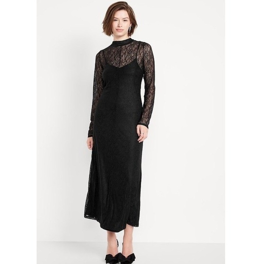 Womens XL Black Floral Lace Mock Neck Maxi Dress Whimsigoth Victorian Romantic